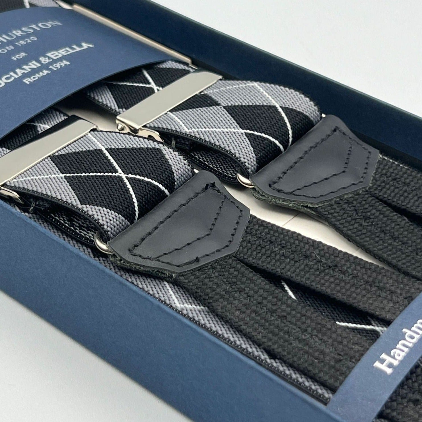 Albert Thurston for Cruciani & Bella Made in England Adjustable Sizing 35 mm elastic  braces Grey, Black and White tartan braces Braid ends Y-Shaped Nickel Fittings Size: L