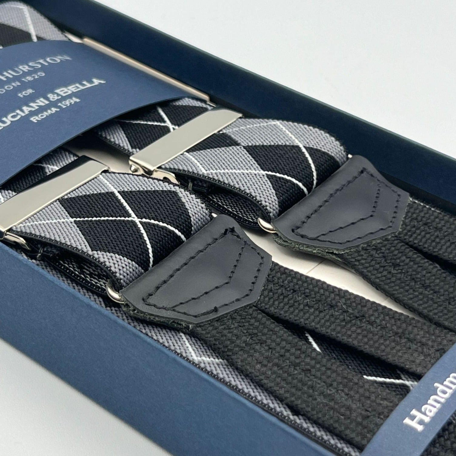 Albert Thurston for Cruciani & Bella Made in England Adjustable Sizing 35 mm elastic  braces Grey, Black and White tartan braces Braid ends Y-Shaped Nickel Fittings Size: L