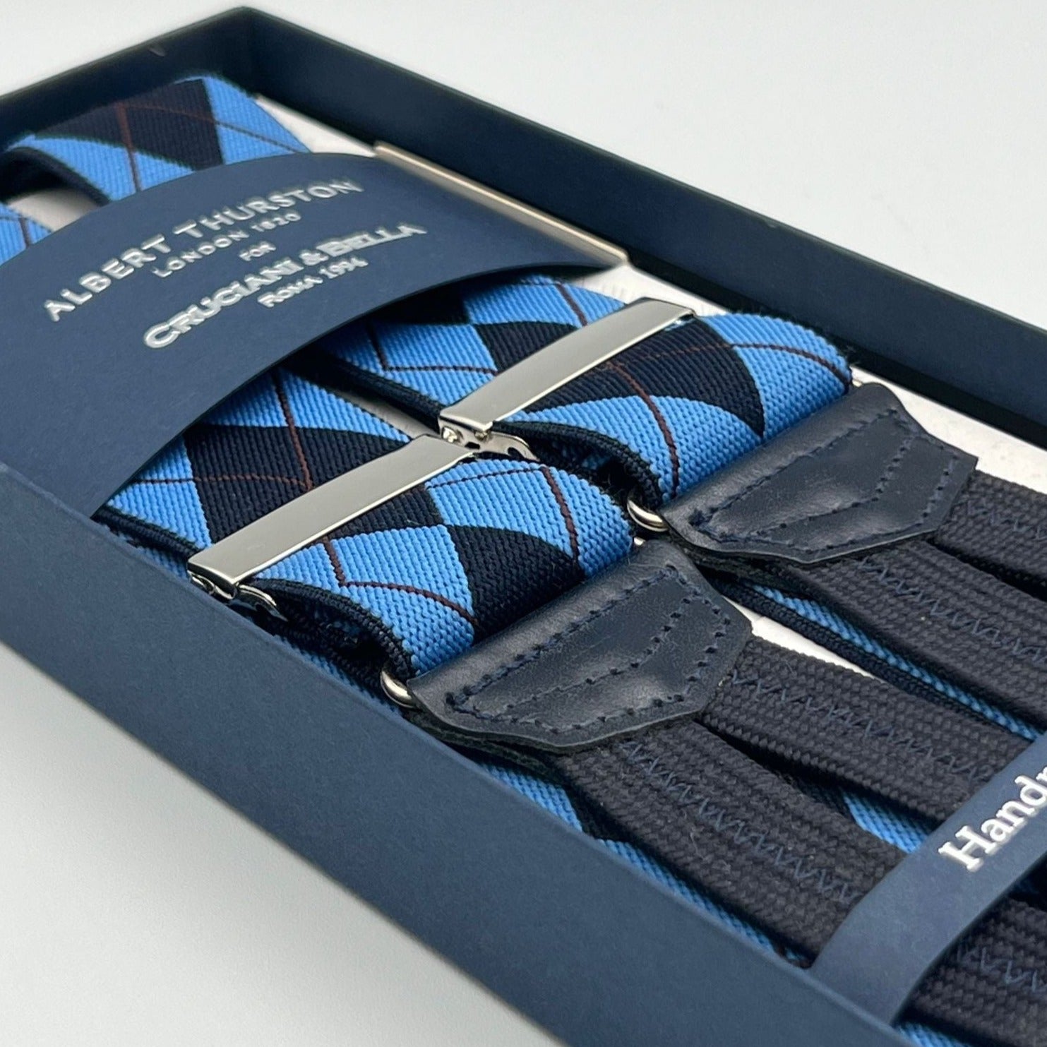 Albert Thurston for Cruciani & Bella Made in England Adjustable Sizing 35 mm Elastic Braces Light Blue, Blue and Brown Tartan Braces Braid ends Y-Shaped Nickel Fittings Size: L