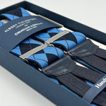 Albert Thurston for Cruciani & Bella Made in England Adjustable Sizing 35 mm Elastic Braces Light Blue, Blue and Brown Tartan Braces Braid ends Y-Shaped Nickel Fittings Size: L