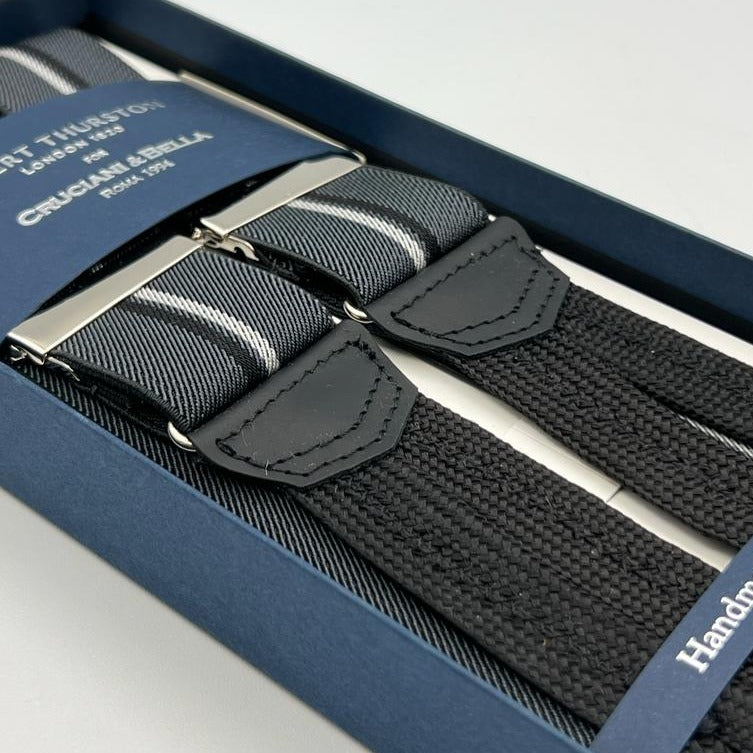 Albert Thurston for Cruciani & Bella Made in England Adjustable Sizing 35 mm Elastic Braces LightGrey, White and Dark Stripes Braid ends Y-Shaped Nickel Fittings Size: XL