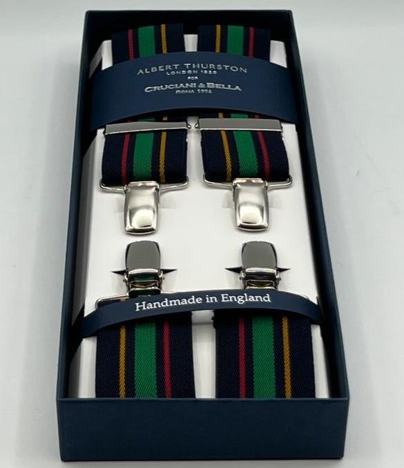 Albert Thurston for Cruciani & Bella Made in England Clip on Adjustable Sizing 35 mm elastic braces Blue, Green,Red and Ocra Stripes X-Shaped Nickel Fittings Size: XL