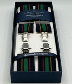 Albert Thurston for Cruciani & Bella Made in England Clip on Adjustable Sizing 35 mm elastic braces Blue, Green,Red and Ocra Stripes X-Shaped Nickel Fittings Size: XL