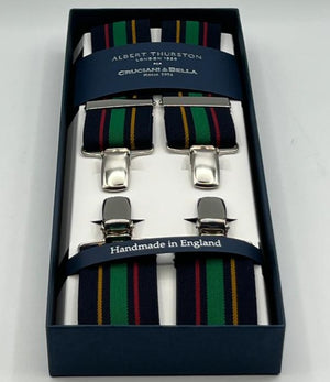 Albert Thurston for Cruciani & Bella Made in England Clip on Adjustable Sizing 35 mm elastic braces Blue, Green,Red and Ocra Stripes X-Shaped Nickel Fittings Size: XL