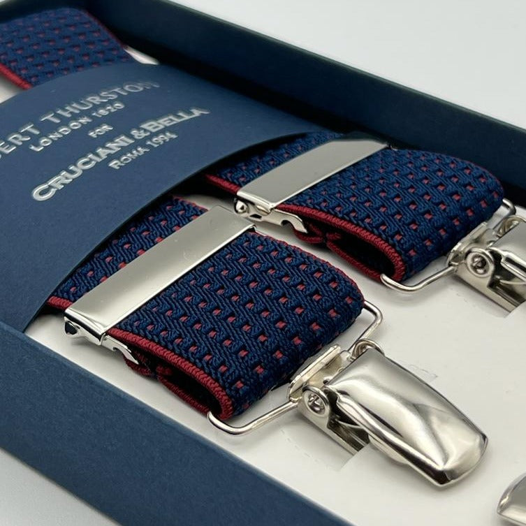 Albert Thurston for Cruciani & Bella Made in England Clip on Adjustable Sizing 35 mm elastic braces Blue, Rust Dots X-Shaped Nickel Fittings Size: XL