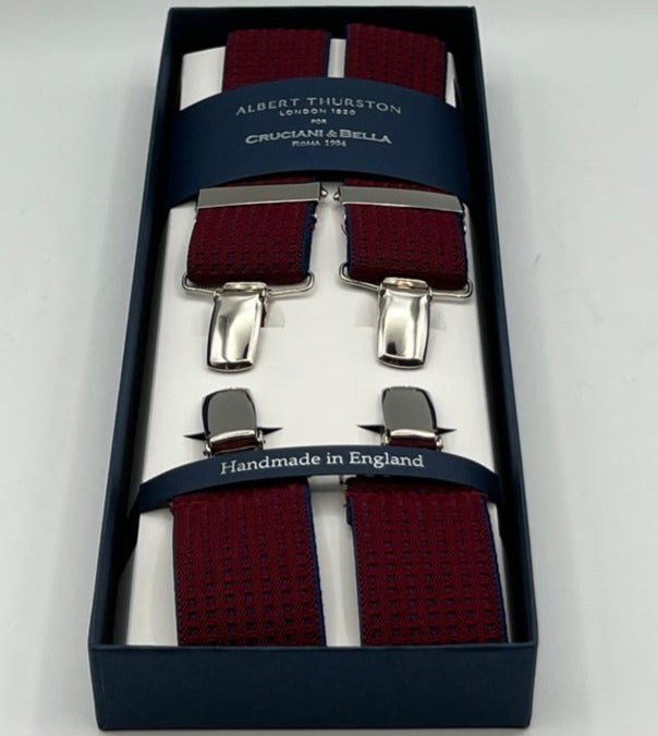 Albert Thurston for Cruciani & Bella Made in England Clip on Adjustable Sizing 35 mm elastic braces Rust, Blue Dots X-Shaped Nickel Fittings Size: XL