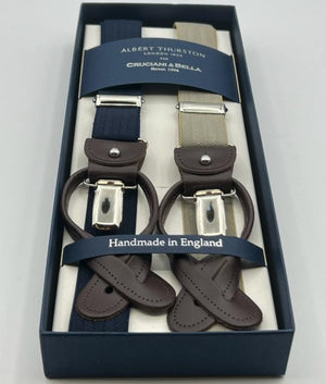 Albert Thurston for Cruciani & Bella Made in England 2 in 1 Adjustable Sizing 25 mm elastic braces Blue, Beige Harringbone Exclusive Y-Shaped Nickel Fittings Size XL