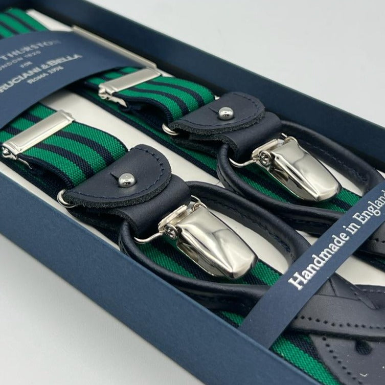 Albert Thurston for Cruciani & Bella Made in England 2 in 1 Adjustable Sizing 25 mm elastic braces Blue, Green Stripes Y-Shaped Nickel Fittings Size XL
