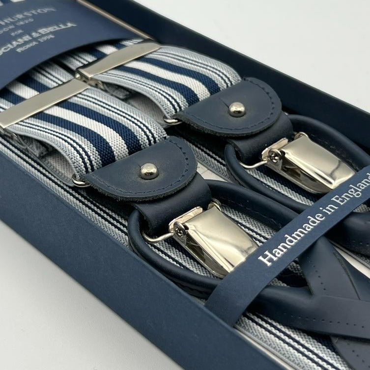 Albert Thurston for Cruciani & Bella Made in England 2 in 1 Adjustable Sizing 35 mm elastic braces Blue, Grey and White stripes  Y-Shaped Nickel Fittings Size Large