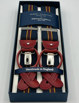 Albert Thurston -Elastic braces - 2 in 1 - 35 mm - Blue, Ocra and Red Wine Stripes #8384