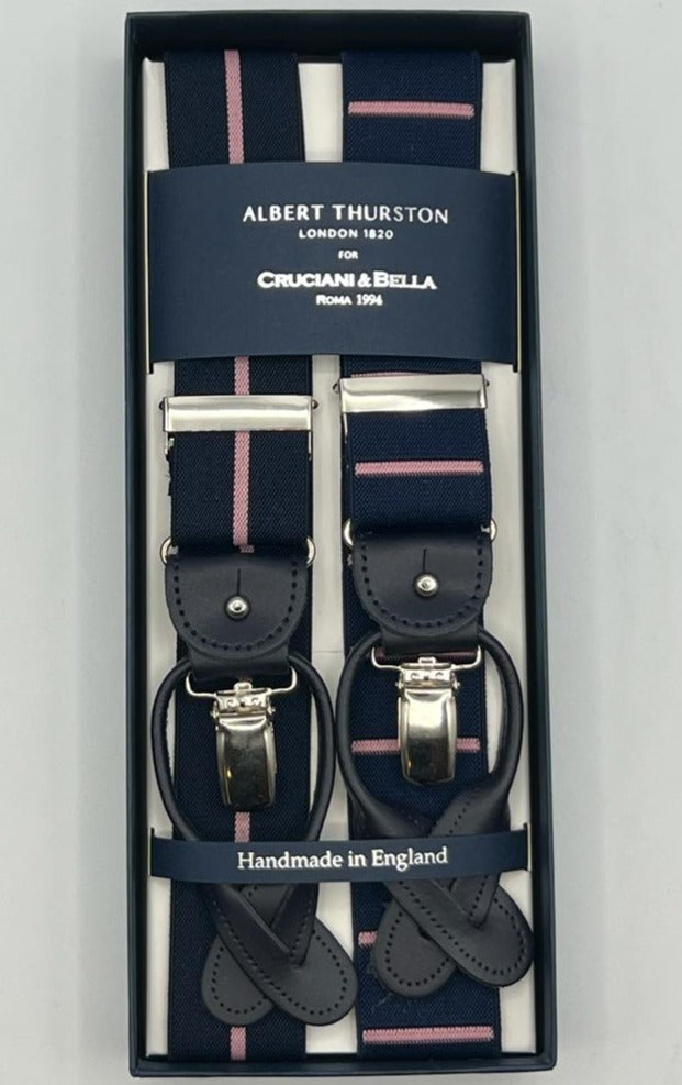 Albert Thurston for Cruciani & Bella Made in England 2 in 1 Adjustable Sizing 35 mm elastic braces Blue, Pink Fancy Stripes Y-Shaped Nickel Fittings Size XL