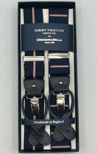 Albert Thurston for Cruciani & Bella Made in England 2 in 1 Adjustable Sizing 35 mm elastic braces Blue, Pink Fancy Stripes Y-Shaped Nickel Fittings Size XL