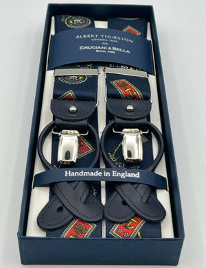 Albert Thurston for Cruciani & Bella Made in England 2 in 1 Adjustable Sizing 35 mm elastic braces Blue, Red and Yellow Marine Motifs Y-Shaped Nickel Fittings Size XL