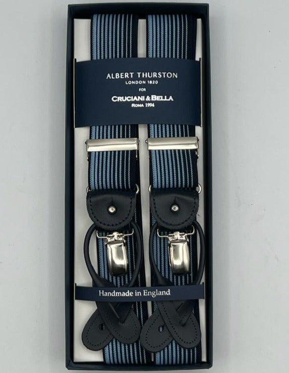 Albert Thurston for Cruciani & Bella Made in England 2 in 1 Adjustable Sizing 35 mm elastic braces Blue and Light Blue Stripes Y-Shaped Nickel Fittings Size Large