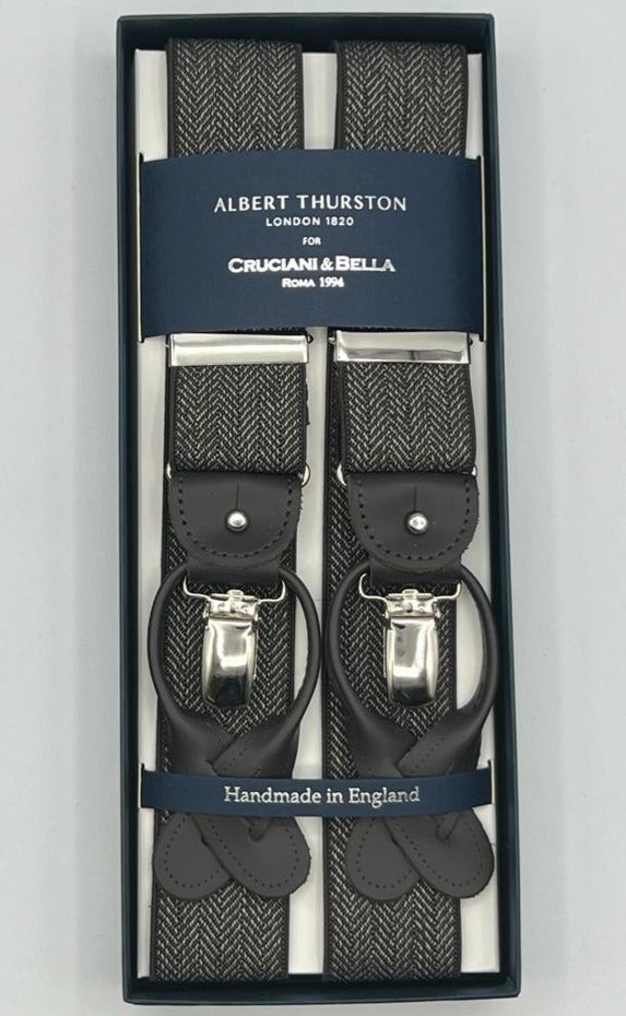 Albert Thurston for Cruciani & Bella Made in England 2 in 1 Adjustable Sizing 35 mm elastic braces Brown, White Harringbone Y-Shaped Nickel Fittings Size XL