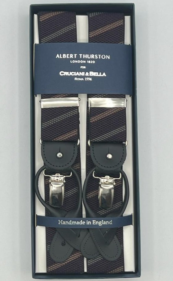 Albert Thurston for Cruciani & Bella Made in England 2 in 1 Adjustable Sizing 35 mm elastic braces Red Wine, Green and Rust Diagonal Stripes Y-Shaped Nickel Fittings Size XL