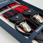 Albert Thurston for Cruciani & Bella Made in England 2 in 1 Adjustable Sizing 35 mm elastic braces Red and Blue Fancy Stripes Y-Shaped Nickel Fittings Size XL