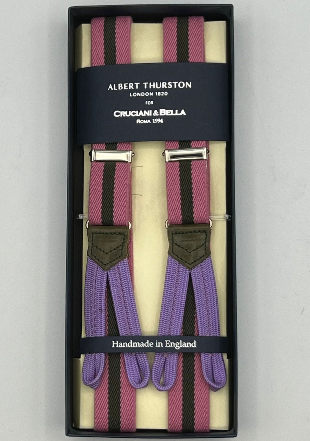 Albert Thurston for Cruciani & Bella Made in England Adjustable Sizing 25 mm elastic braces Pink and military green stripes  Braid ends Y-Shaped Nickel Fittings Size: L