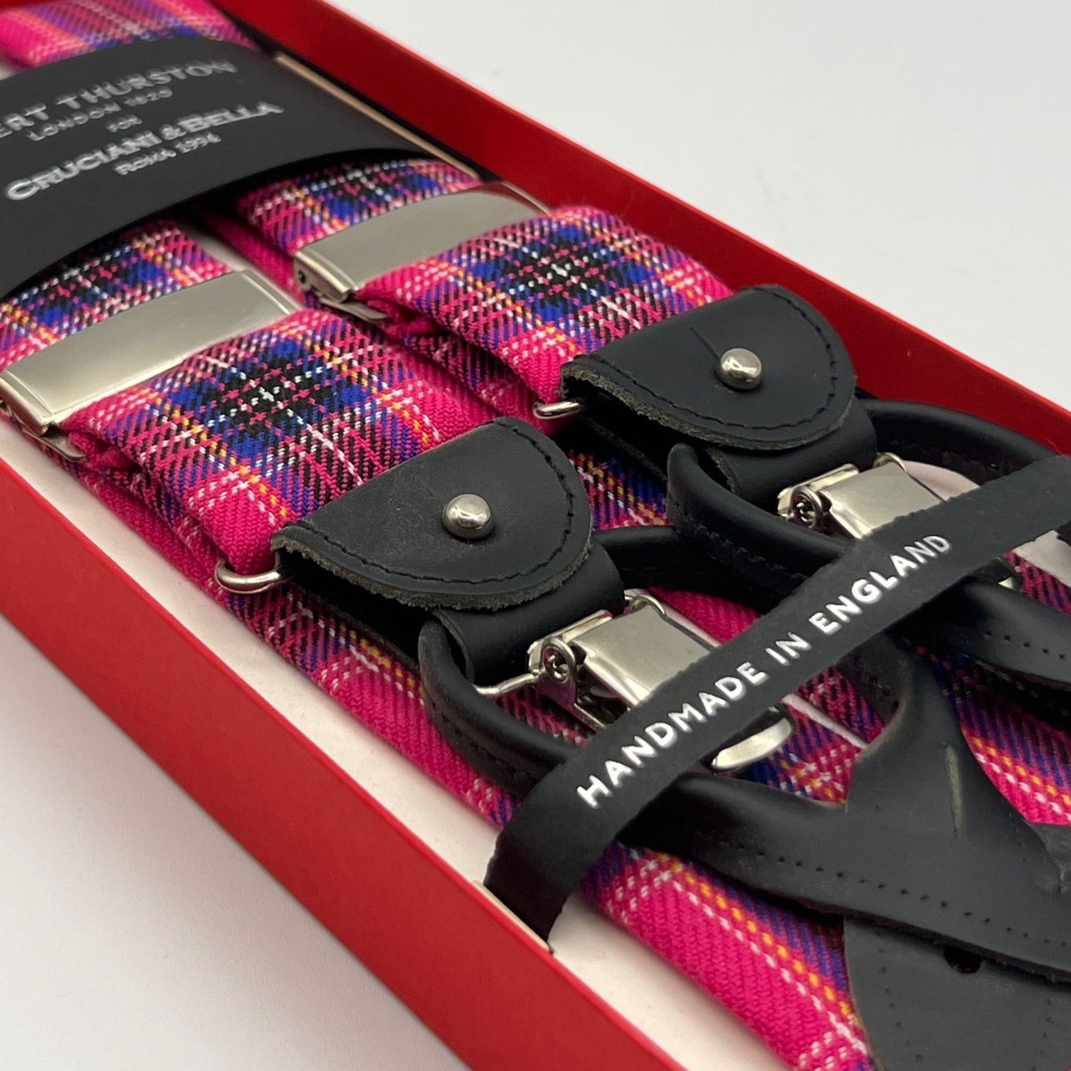 Albert Thurston for Cruciani & Bella Made in England 2 in 1 Adjustable Sizing 25 mm wool braces Pink tartan Y-Shaped Nickel Fittings Size: XL #3699