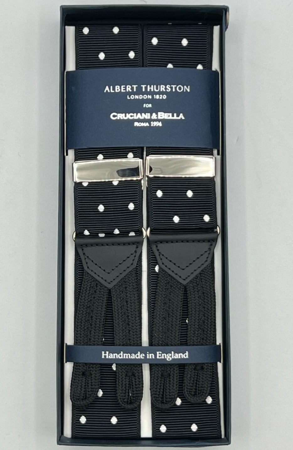 Albert Thurston for Cruciani & Bella Made in England Adjustable Sizing 40 mm Woven Barathea  Black and White Dots Braces Braid ends Y-Shaped Nickel Fittings Size: XL