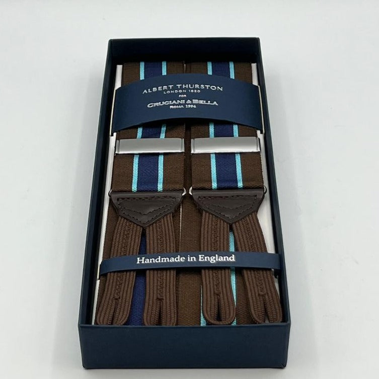 Albert Thurston for Cruciani & Bella Made in England Adjustable Sizing 40 mm Woven Barathea  Brown, Blue and Light Blue Stripes  Motif  Braces Y-Shaped Nickel Fittings Size: XL