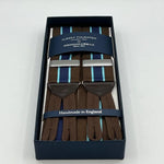 Albert Thurston for Cruciani & Bella Made in England Adjustable Sizing 40 mm Woven Barathea  Brown, Blue and Light Blue Stripes  Motif  Braces Y-Shaped Nickel Fittings Size: XL
