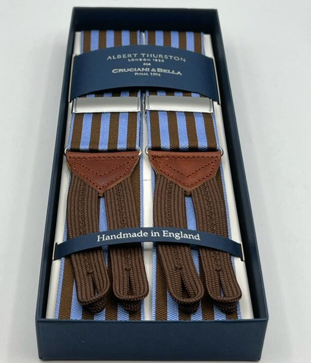 Albert Thurston for Cruciani & Bella Made in England Adjustable Sizing 40 mm Woven Barathea  Brown, Light Blue Stripes Braid ends Y-Shaped Nickel Fittings Size: XL