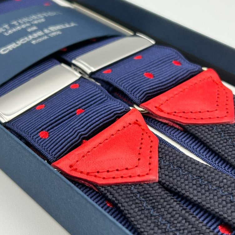Albert Thurston for Cruciani & Bella Made in England Adjustable Sizing 40 mm Woven Barathea Midnight blue, red dots Braces Braid ends Y-Shaped Nickel Fittings