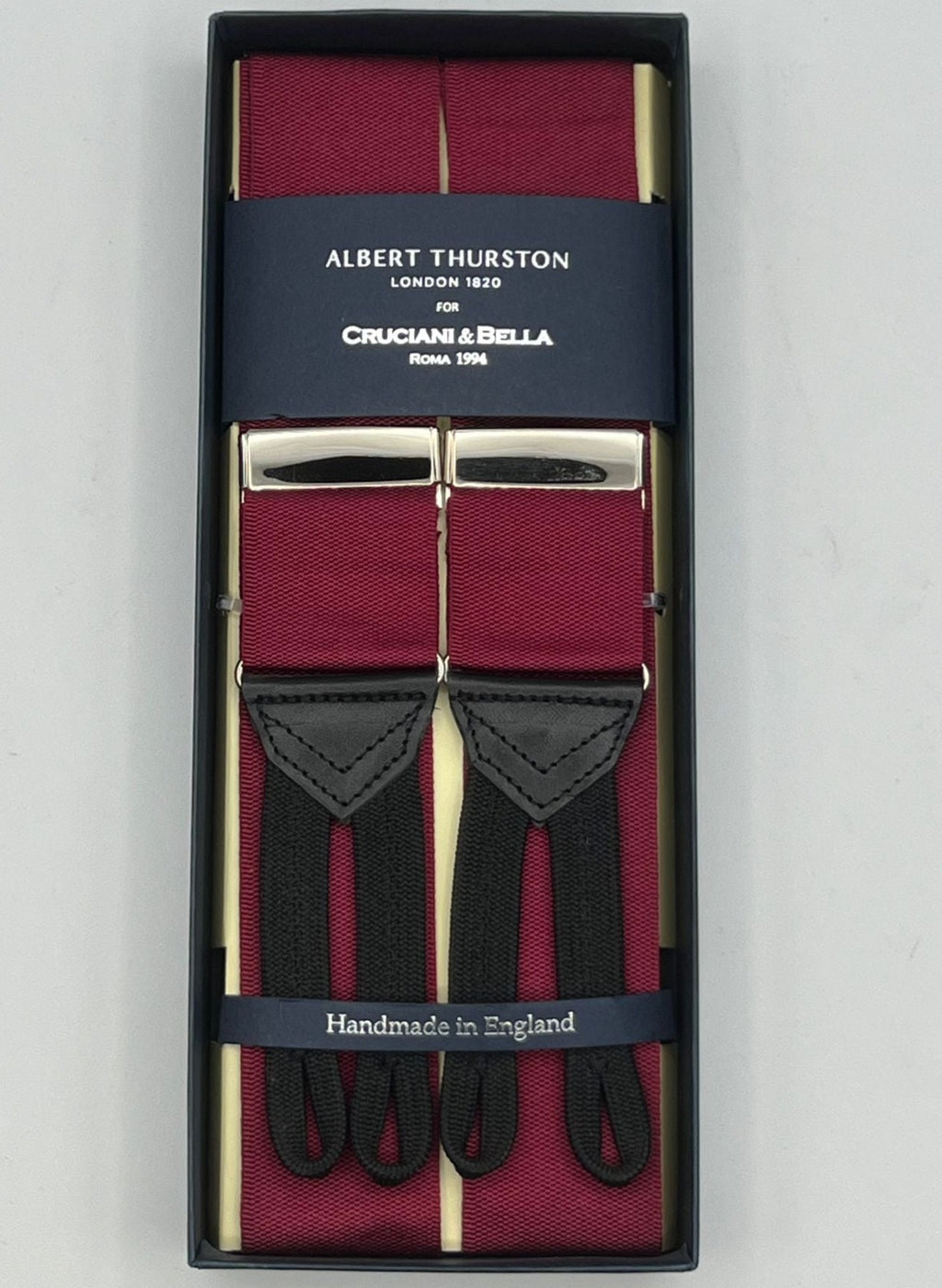 Albert Thurston for Cruciani & Bella Made in England Adjustable Sizing 40 mm Woven Barathea  Plum Braces Braid ends Y-Shaped Nickel Fittings Size: L
