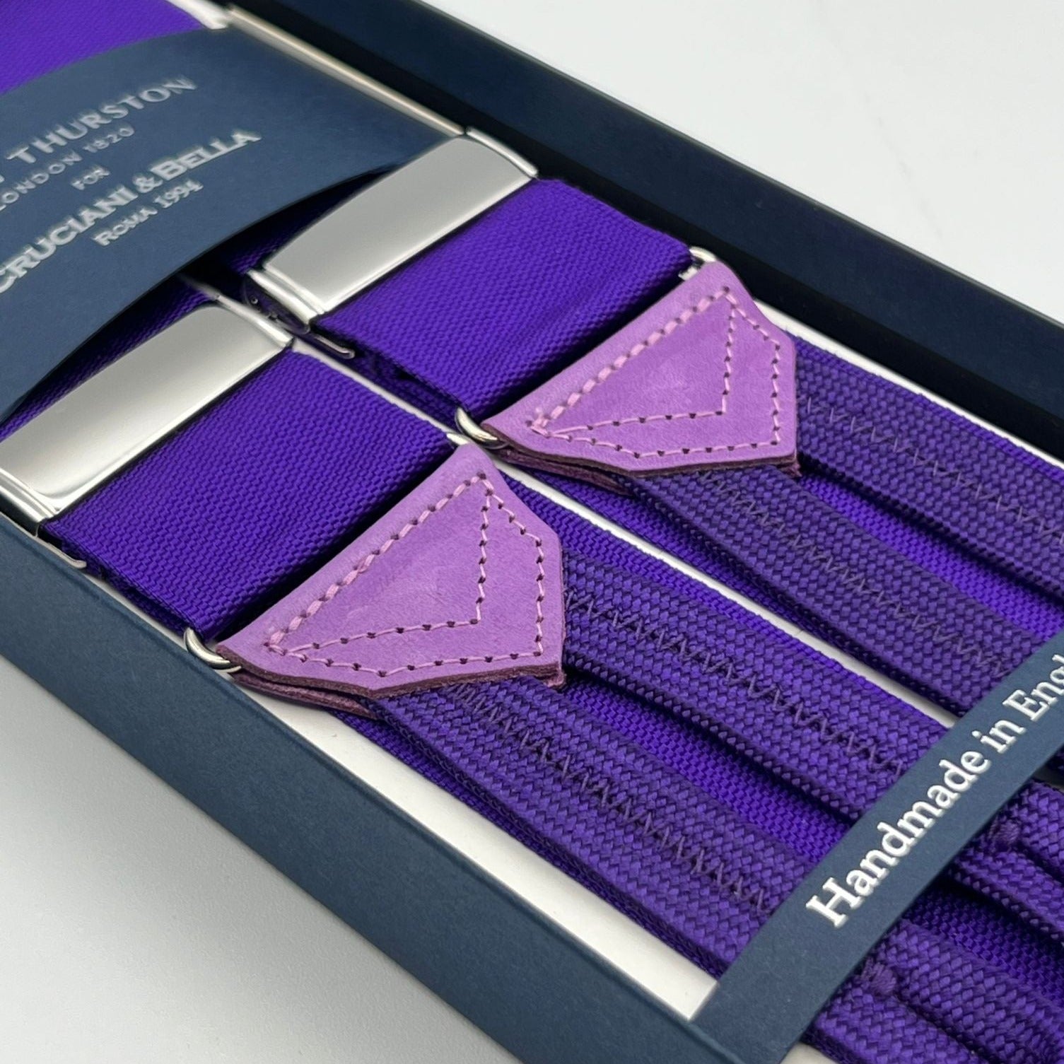 Albert Thurston for Cruciani & Bella Made in England Adjustable Sizing 40 mm Woven Barathea  Purple braces Braid ends Y-Shaped Nickel Fittings Size: XL