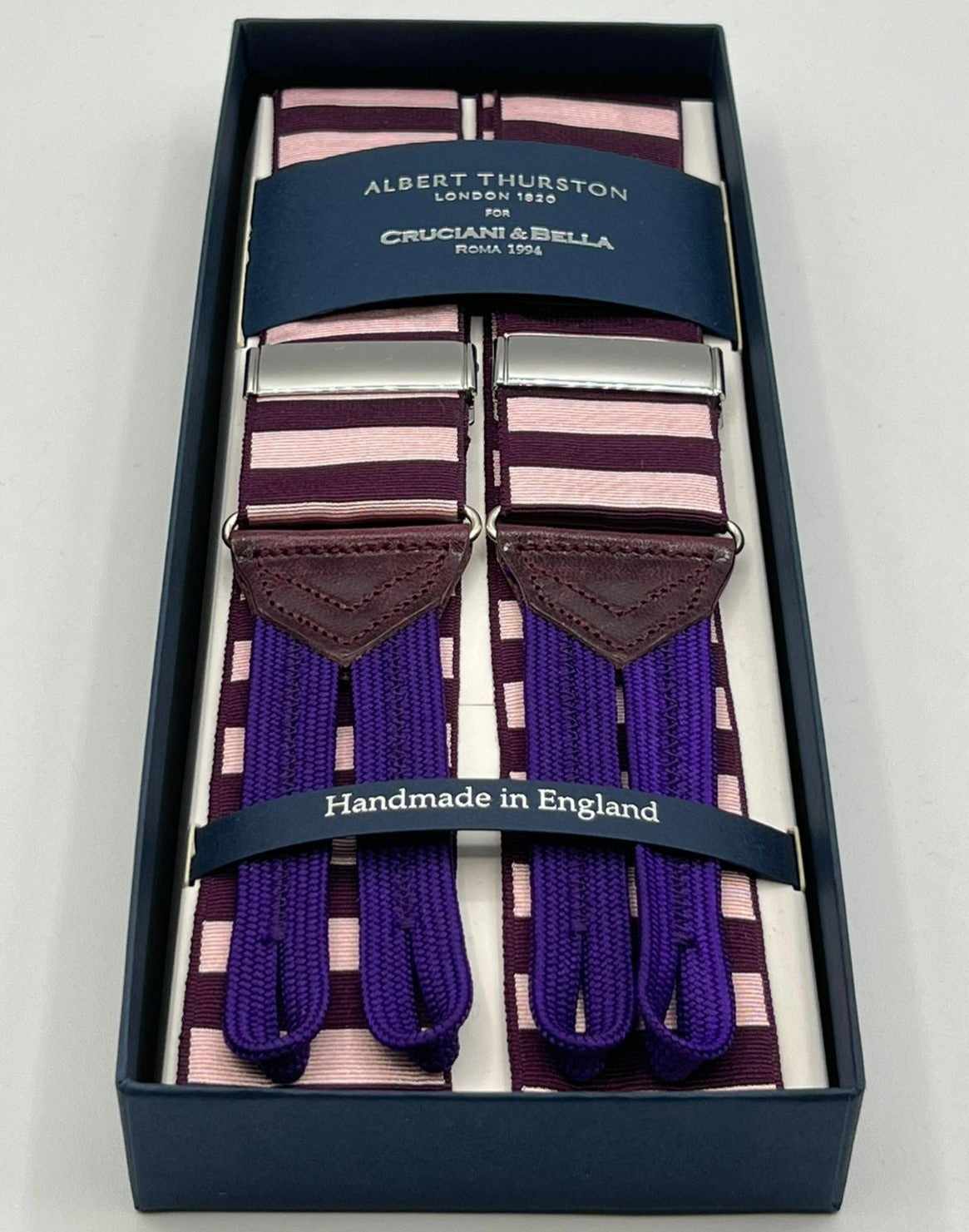 Albert Thurston for Cruciani & Bella Made in England Adjustable Sizing 40 mm Woven Barathea  Red Wine and Pink horizontal Stripes Braces Braid ends Y-Shaped Nickel Fittings MULTIFIT