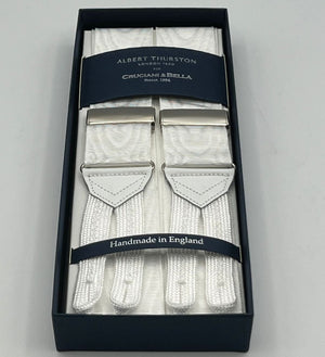Albert Thurston for Cruciani & Bella Made in England Adjustable Sizing 40 mm Woven Barathea  White Moiré  braces Braid ends Y-Shaped Nickel Fittings Size: XL