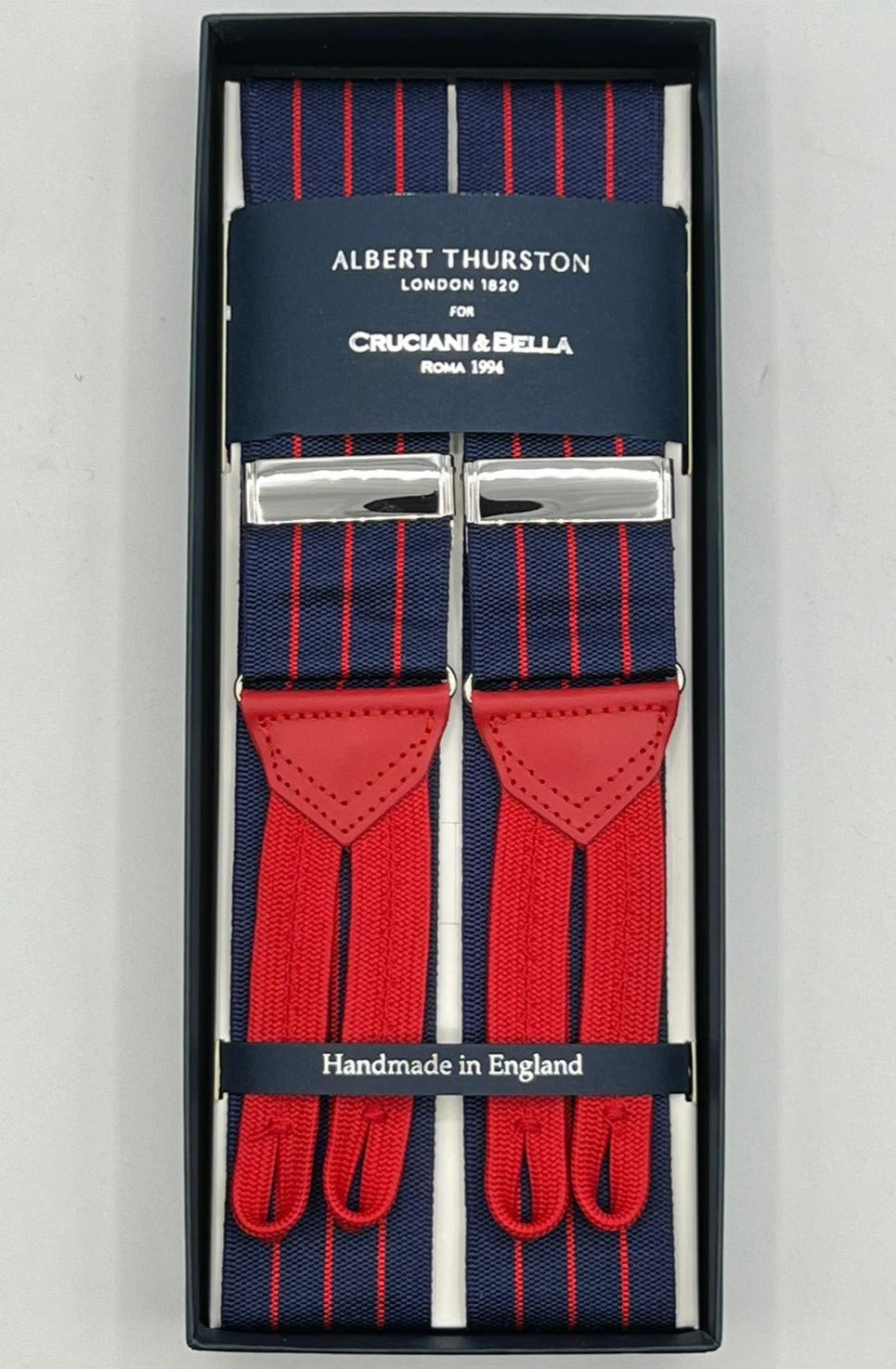 Albert Thurston for Cruciani & Bella Made in England Adjustable Sizing 40 mm Woven Barathea  Blue ,Grey and White Stripes  Motif  Braces Y-Shaped Nickel Fittings MULTIFIT