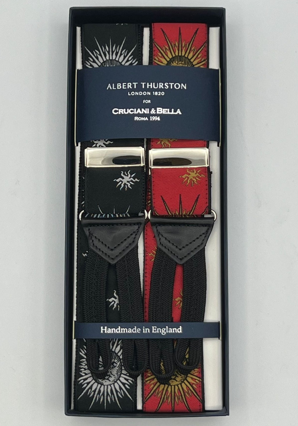 Albert Thurston for Cruciani & Bella Made in England Adjustable Sizing 40 mm Woven  Black and Red Sun Braces Braid ends Y-Shaped Nickel Fittings Size: XL