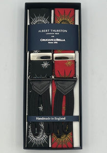 Albert Thurston for Cruciani & Bella Made in England Adjustable Sizing 40 mm Woven  Black and Red Sun Braces Braid ends Y-Shaped Nickel Fittings Size: XL