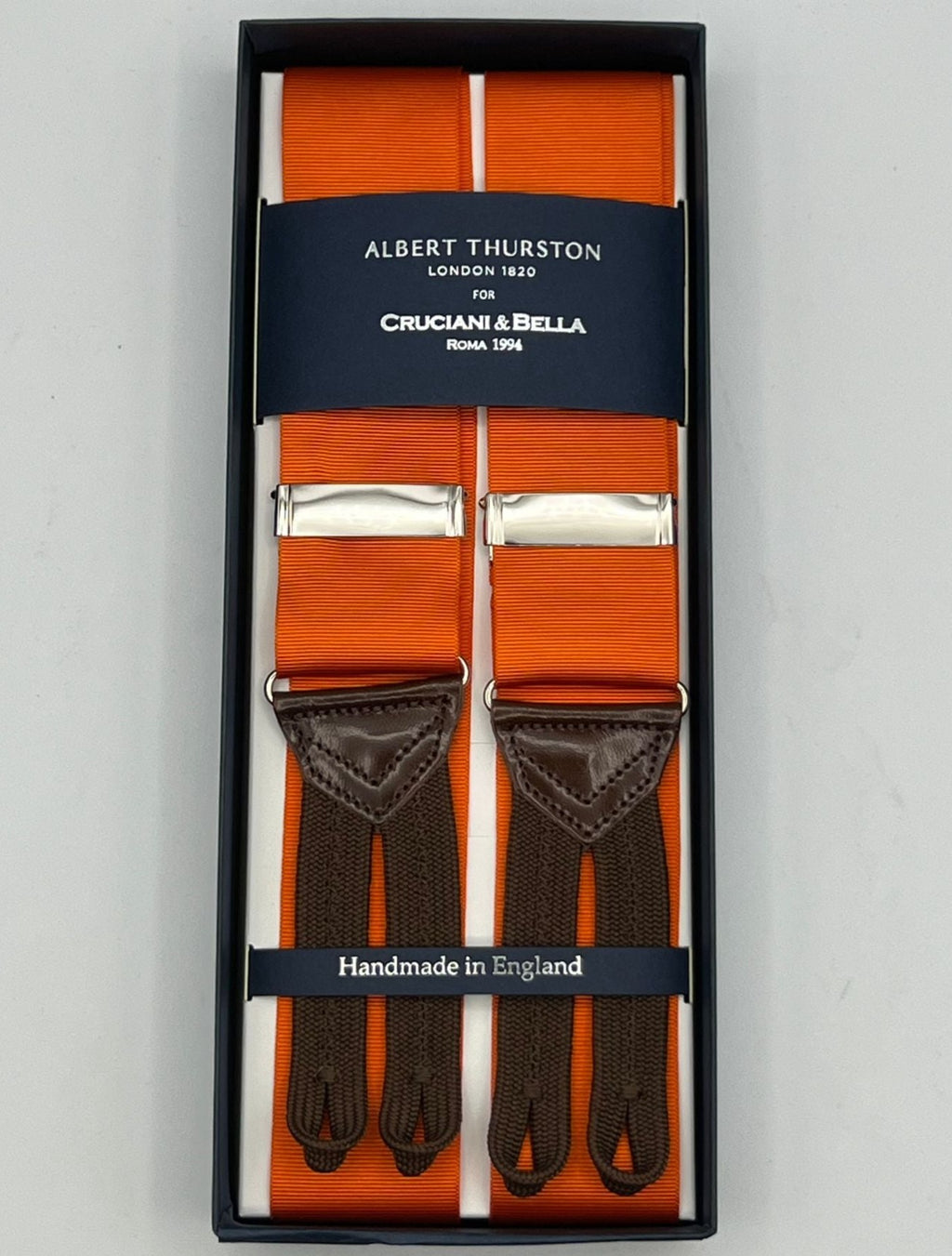 Albert Thurston for Cruciani & Bella Made in England Adjustable Sizing 40 mm Woven Light  Bright Orange  Braid ends Y-Shaped Nickel Fittings Size: XL