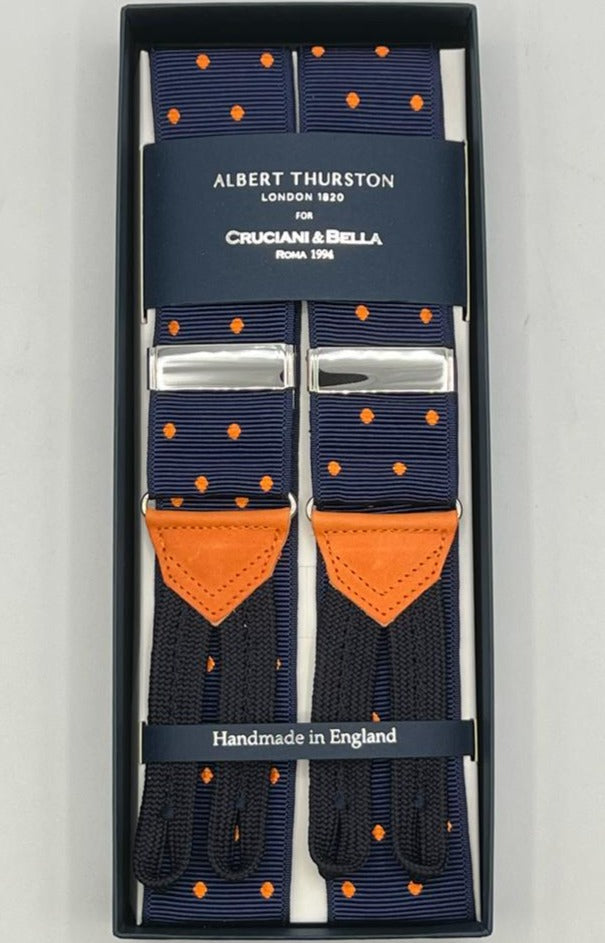 Albert Thurston for Cruciani & Bella Made in England Adjustable Sizing 40 mm Woven Barathea  Blue and Orange Dots  Motif  Braces Y-Shaped Nickel Fittings MULTIFIT