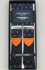 Albert Thurston for Cruciani & Bella Made in England Adjustable Sizing 40 mm Woven Barathea  Blue and Orange Dots  Motif  Braces Y-Shaped Nickel Fittings MULTIFIT