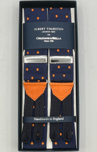 Albert Thurston for Cruciani & Bella Made in England Adjustable Sizing 40 mm Woven Barathea  Blue and Orange Dots  Motif  Braces Y-Shaped Nickel Fittings MULTIFIT