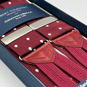 Albert Thurston for Cruciani & Bella Made in England Adjustable Sizing 40 mm Woven Barathea  Red Wine and Off White Dots Braces Y-Shaped Nickel Fittings Size: XL
