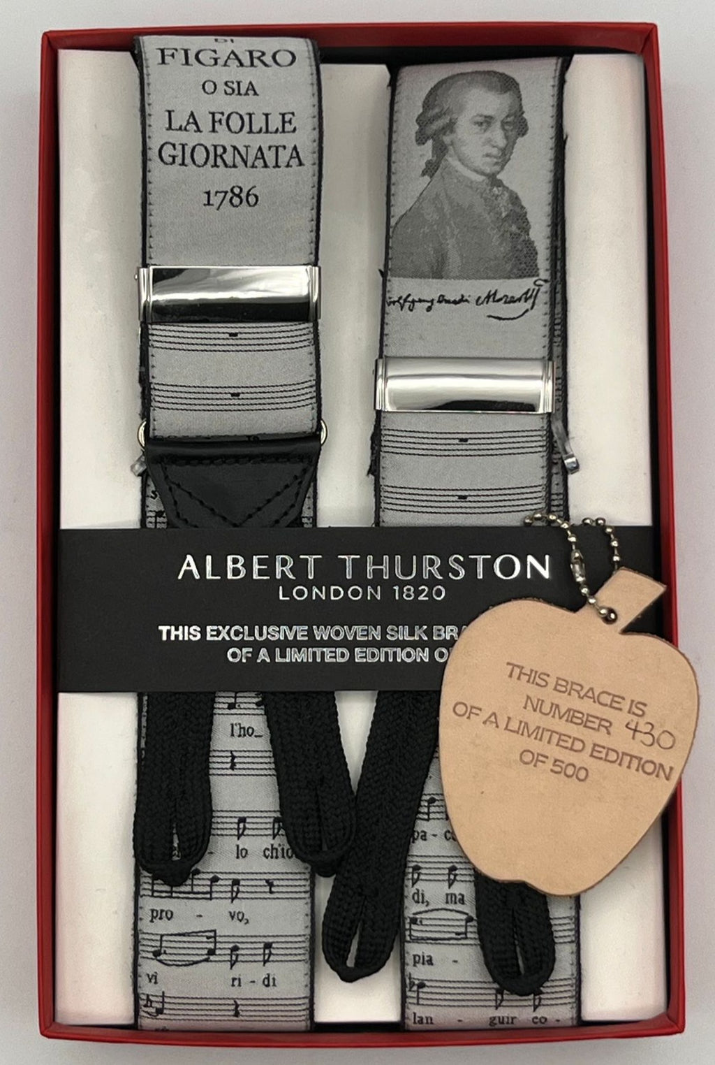 Albert Thurston for Cruciani & Bella Made in England Limited Edition 430/500 Adjustable Sizing 40 mm Woven Silk Light Grey and Black Motif  Braces Y-Shaped Nickel Fittings Size: XL