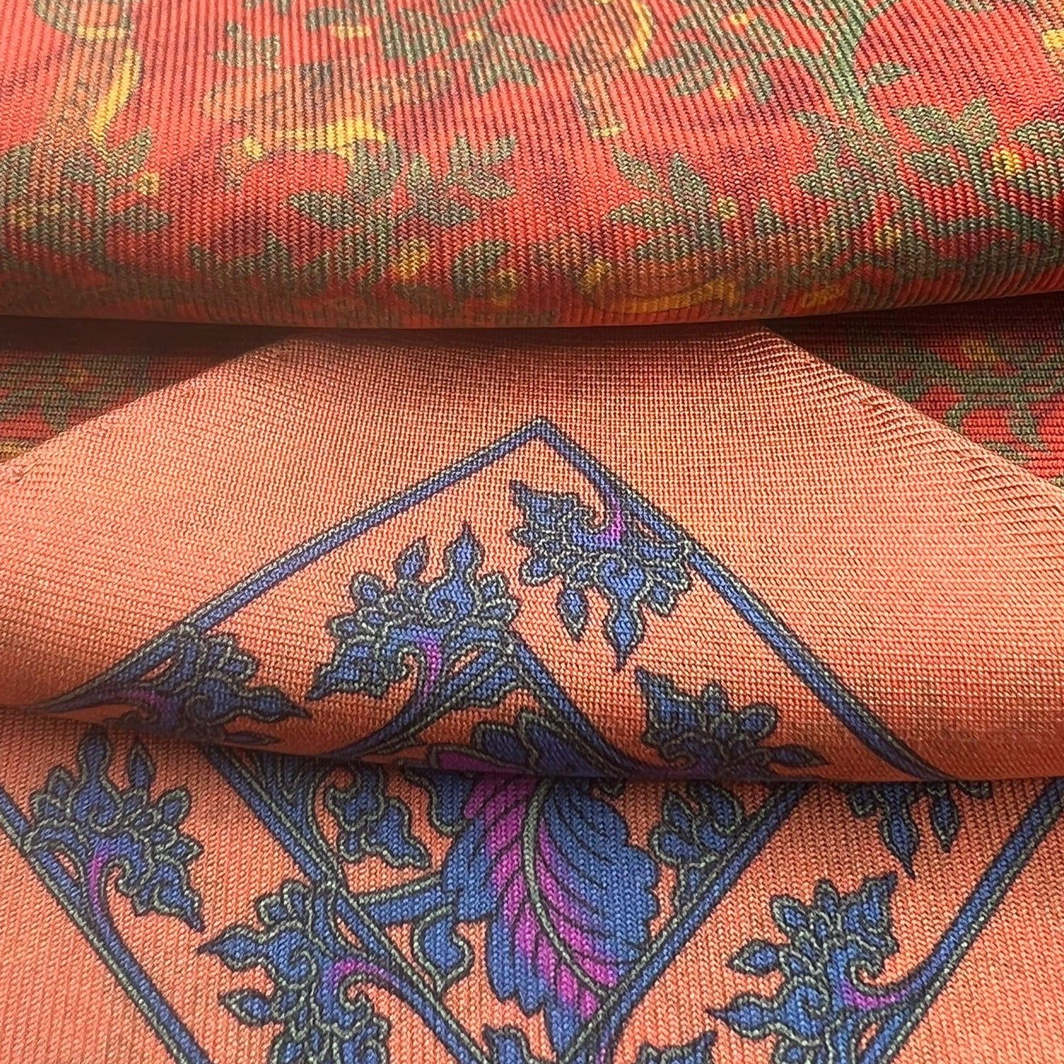 Cruciani & Bella - Silk - Apricot, Olimpic Blue and Green Double Patterned Motif Pocket Square 