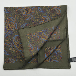 Cruciani & Bella - Silk - Green, Brown, Light Blue Paisley Motif Pocket Square