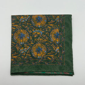 Cruciani & Bella - Silk -  Green, Ocra and Light Blue Double Patterned Motif Pocket Square
