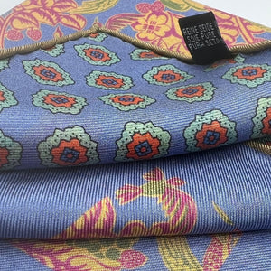 Cruciani & Bella Hand-rolled   100% Silk Light Blue, Orange and Light Green Double Faces Patterned  Motif  Pocket Square Made in England 32 cm X 32 cm