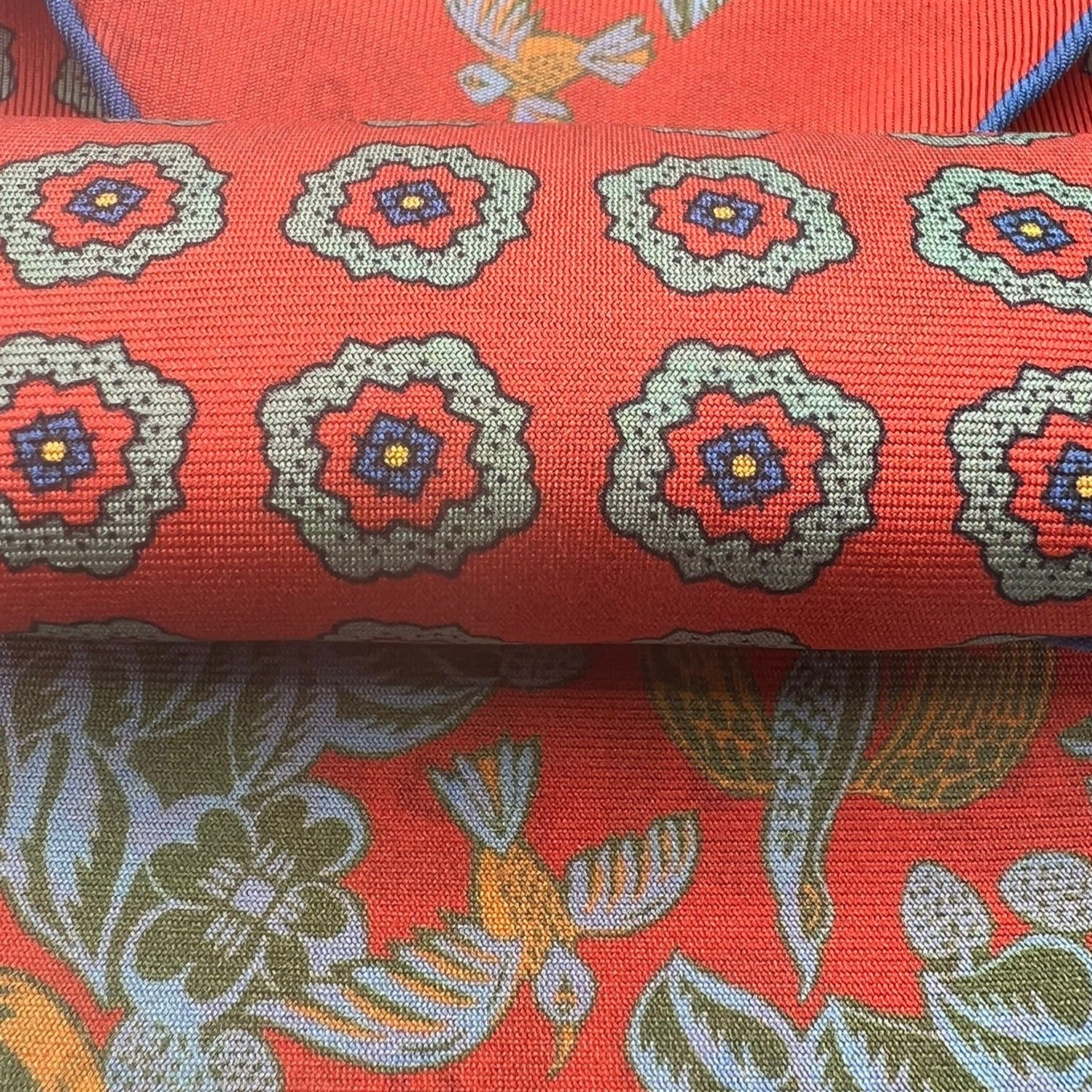 Cruciani & Bella - Silk - Red, Green and Yellow Double Patterned Motif Pocket Square