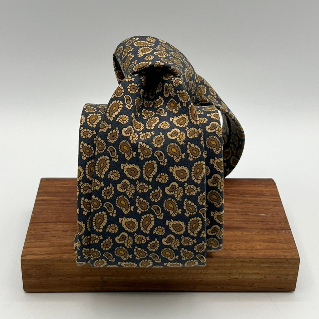 Drake's for Cruciani e Bella 100%  Printed Madder Silk Self Tipped Blue, Ocra and  Brown Paisley motif Tie 36 oz Handmade in London, England 9 cm x 148 cm #2396