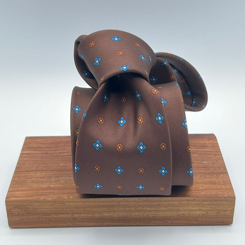 Drake's - 36 oz - Printed Silk-  Brown, Royal Blue and Rust motif Tie 