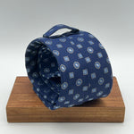 Drake's for Cruciani & Bella 100%  Woven Silk Jacquard Tipped Blue, Light Blue and White Motif Tie Handmade in London, England 9 cm x 148 cm #5384