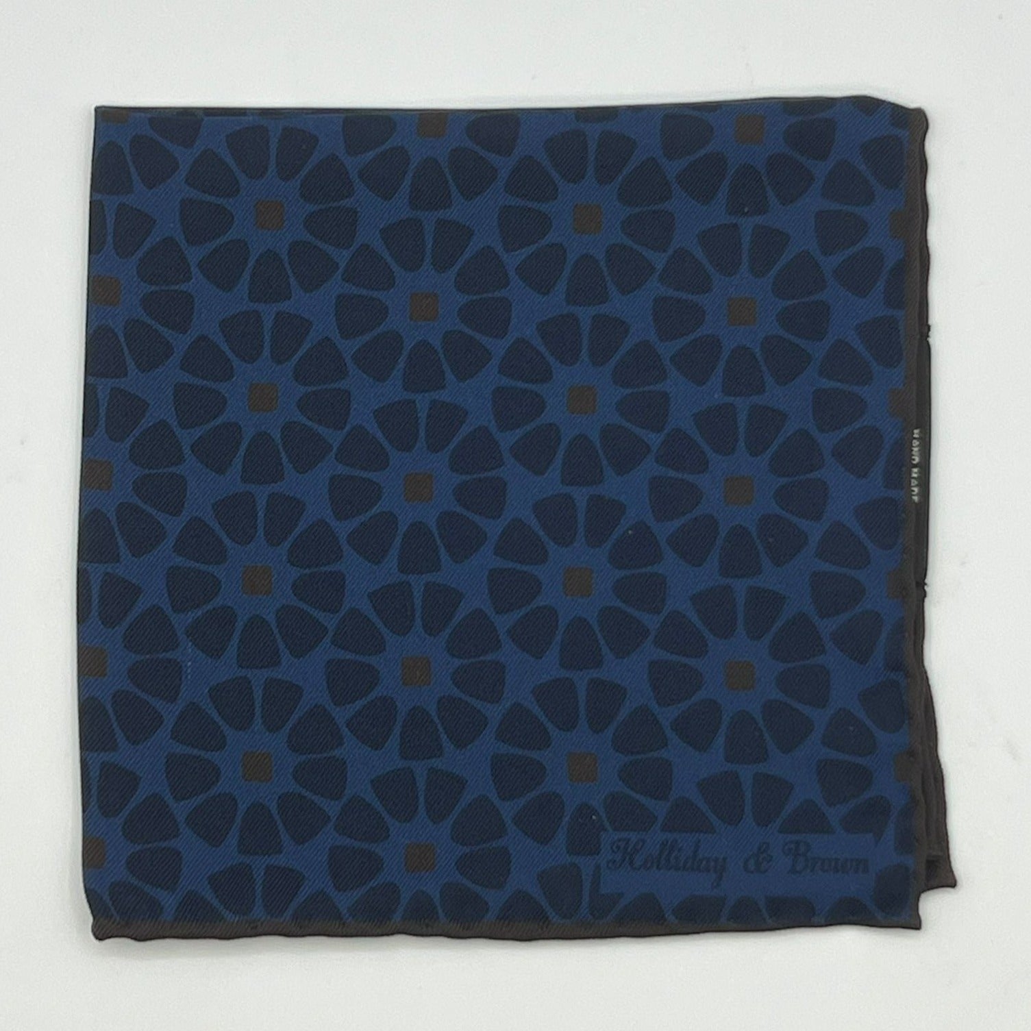 Holliday & Brown Hand-rolled   Holliday & Brown for Cruciani & Bella 100% Silk Blue, Brown Double Faces Patterned  Motif  Pocket Square Handmade in Italy 32 cm X 32 cm